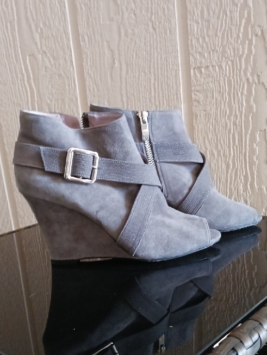 Vince Camuto Shoes - Vince Camuto Gray Suede Crisscross Wedge Booties